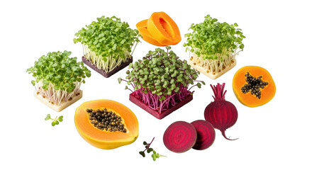 Fresh microgreens and vegetables on white background