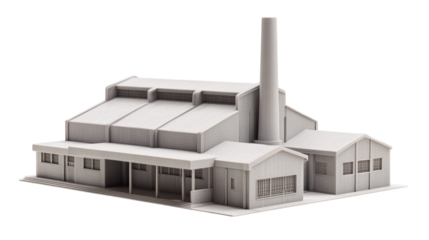 White 3D factory building model for industrial manufacturing and production concepts.

