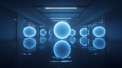 Glowing spheres illuminate a dark, wet, futuristic corridor with mirrored reflections