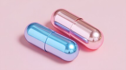Two metallic, iridescent capsules rest on a soft pink background surface