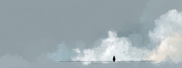 Obraz premium Minimalist Figure Under Gray Sky with Drifting Clouds Reflecting Calmness and Serenity in Nature's Beauty