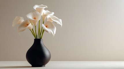 Elegant white calla lilies bloom from a dark, textured vase set against a muted background. © Jojo*