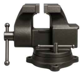 Durable cast iron bench vise with a swivel base for metalworking tasks.