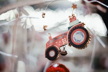 Wooden toy tractor - Christmas decoration in white colors