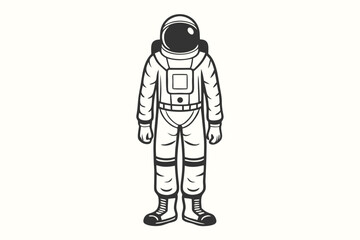 Black and White Silhouette Astronaut Character in Full Space Suit Standing Pose