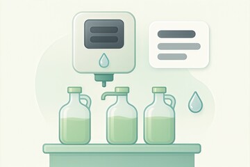 Fototapeta premium Innovative water dispenser concept with green liquid filling glass containers showcasing sustainable hydration solutions in a minimalist design aesthetic