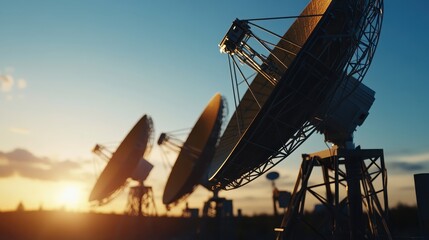 Satellite communication dishes arrayed outdoors against a warm sky at dawn or dusk displaying technological infrastructure for global data transmission
