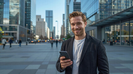 Fototapeta premium Smile man using holding phone in hand, standing outdoor with city building background