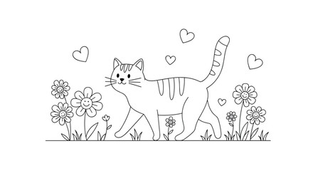 Naklejka premium Cute cat walking in a garden with smiling flowers and hearts in a black and white line art coloring page illustration.