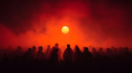 Fototapeta premium Silhouetted crowd gathers beneath a vibrant, fiery orange celestial body shrouded in atmospheric haze