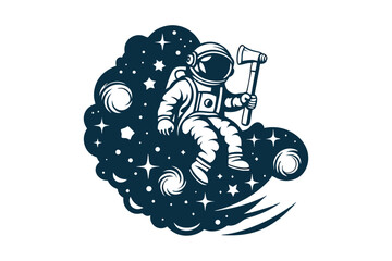 Isolated Astronaut with Axe Silhouette Amidst Stars, Space, and Galaxies in Monochrome
