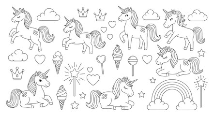 Fototapeta premium A magical unicorn coloring page set with rainbows clouds stars and other cute elements for kids activity and creativity.