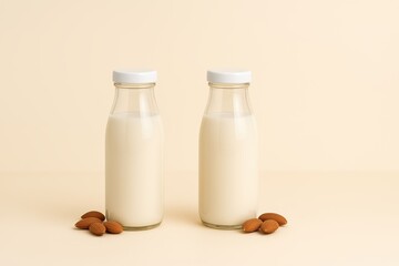 Almond milk bottles displayed minimalist style food photography neutral background close-up shot