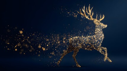 Magnificent stag figure formed from glittering golden particles against a deep blue backdrop