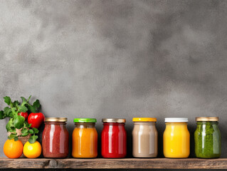Colorful jars of organic sauce and fresh vegetables on rustic wood shelf show healthy homemade food preservation with grey copy space background