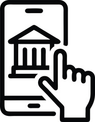 Mobile Touchscreen with Classic Bank Building Icon and Hand Pointing in Black and White