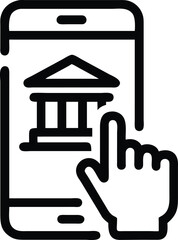 Minimalist Smartphone with Bank Icon and Pointing Finger, Black and White Outline Style