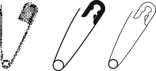 Halftone Stipple Safety and Simple Pin Elements Set with Grunge Punk Dotted Texture, Open and Closed Pins Retro Photocopy Style Vector Illustration