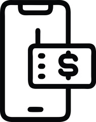 Fototapeta premium Phone and Money Icon, Black Outline, Dollar Sign, Mobile Device, Digital Finance