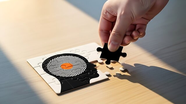 A person s hand placing a puzzle piece into a jigsaw puzzle of a human head with a brain and orange center - Powered by Adobe