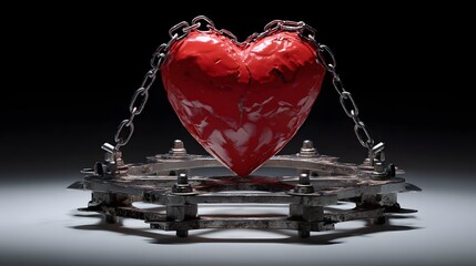 Brightly lit sculpted heart bound by metallic chains resting on a mechanical frame