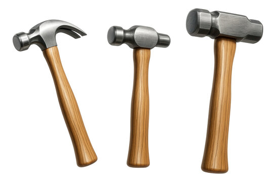 Forged steel hammer set with claw, ball-peen, and sledgehammer for construction use.