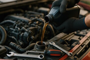 Instructional image of oil change process in industrial vehicle maintenance garage for automotive care