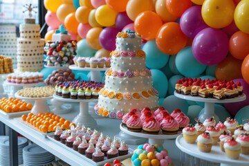 A whimsical display of colorful desserts and birthday decorations