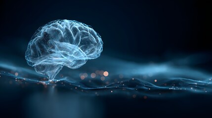 Glowing digital representation of the human brain hovers above a data stream