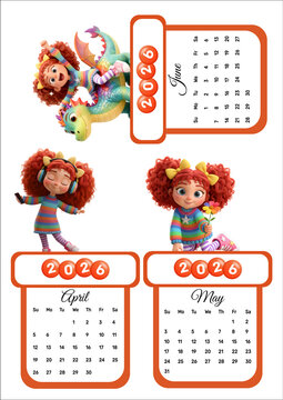 2026 April, May June Printable Mini Calendar. Whimsical Design for Kids & Family Planning. Charming Cartoon Girl Charector. 