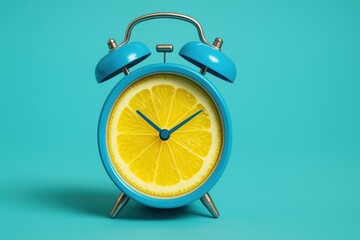 Creative lemon alarm clock design bright blue background still life photography fun concept eye-catching view