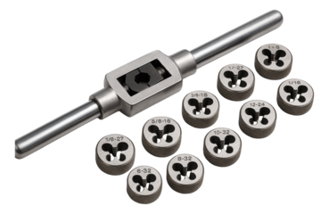 Versatile tap wrench set with various die sizes for general workshop use.