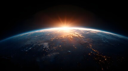 Fototapeta premium Brilliant sunlight illuminates the curvature of the planet from high orbit during a dramatic sunrise