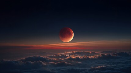 Crimson celestial body hangs above expansive cloud layer during twilight hours