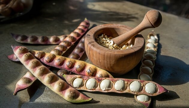 Fresh Jengkol Beans Pods and Mortar
