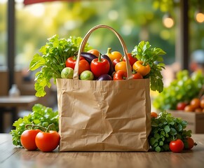Brown paper bag filled with colorful fresh vegetables on table