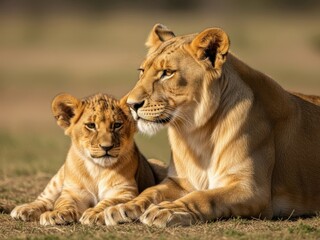 Fototapeta premium Lioness and cub in serene embrace isolated on white background