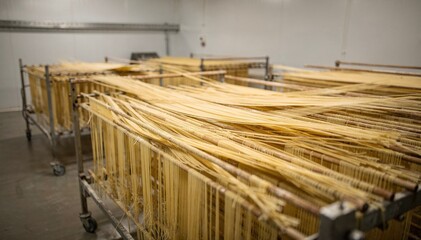 Medium shot of pasta strips laid out on open racks with gentle airflow enhancing the ambient cooling process in a spacious drying area.