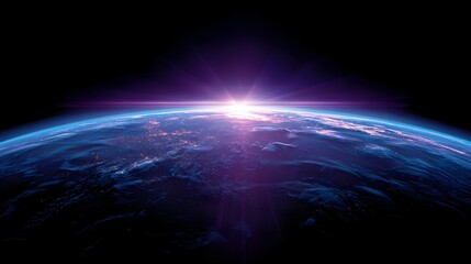 Planet Earth curves away into the blackness of space with a brilliant sunrise effect illuminating the atmosphere