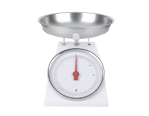 A mechanical kitchen scale with a round dial and a metal weighing tray on top for measuring ingredients