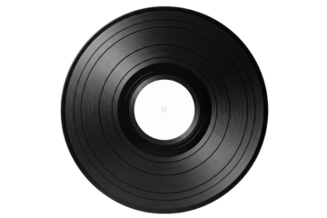 Vintage black vinyl music record disc with white center label isolated on a transparent background