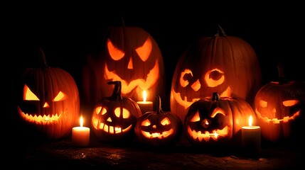 Several carved glowing pumpkins illuminate the darkness with warm candlelight for a festive occasion