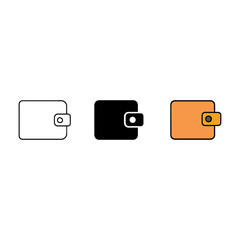Three wallet icons in black, white, and orange
Horizontal layout of three stylized wallet icons with flap and circular clasp. Each wallet is rendered in a different color and minimalist style.