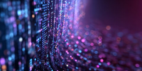 Flowing digital information streams illuminate a futuristic abstract background with vibrant bokeh effects