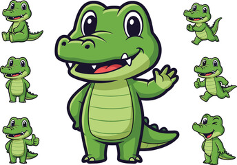 Set of Six Cute Cartoon Crocodile or Alligator Characters in Various Poses Waving and Giving Thumbs Up, Vector Illustration.