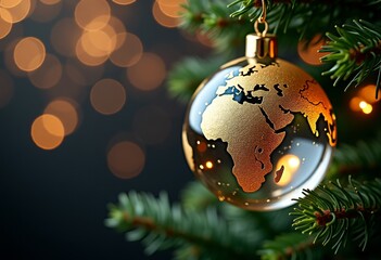 A golden Christmas ball in the shape of a rotating globe on a fir branch. Bokeh effect, space for text. Postcard. Low key