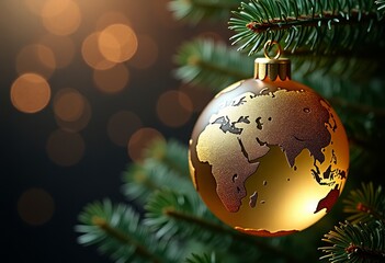 A golden Christmas ball in the shape of a rotating globe on a fir branch. Bokeh effect, space for text. Postcard. Low key