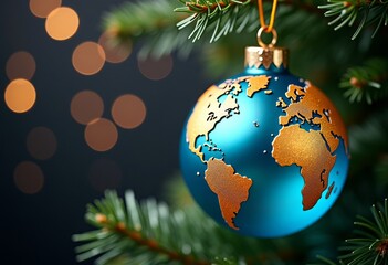 A blue Christmas ball in the shape of a rotating globe with golden continents on a fir branch. Bokeh effect, space for text. Postcard. Low key
