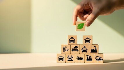 A hand adding a green block to a pyramid of wooden blocks with black icons on a table surface with a white background