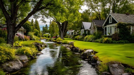 Obraz premium Picturesque residential street features lush greenery bordering a flowing natural watercourse